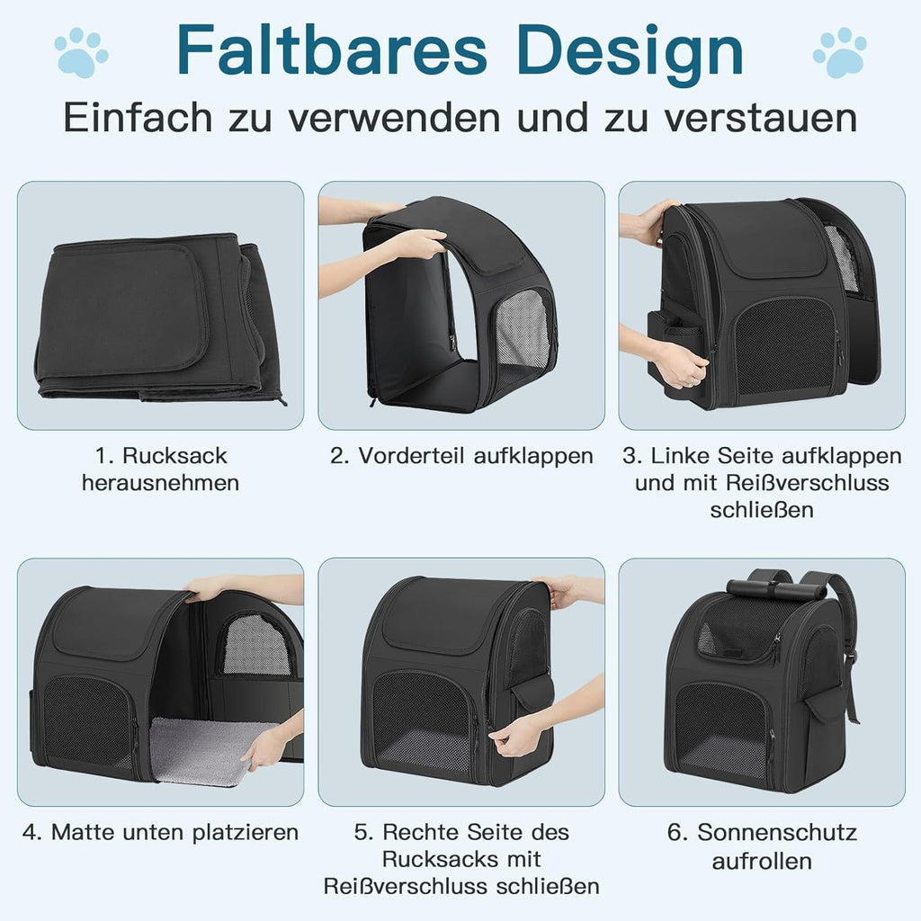 Dog Backpack up to 10 kg, Pet Backpack with Mesh Window, Foldable Cat Backpack Dog Backpack, Breathable and Lightweight Dog Cat Backpack with Inner Safety Lead and Pet Mat, Black=