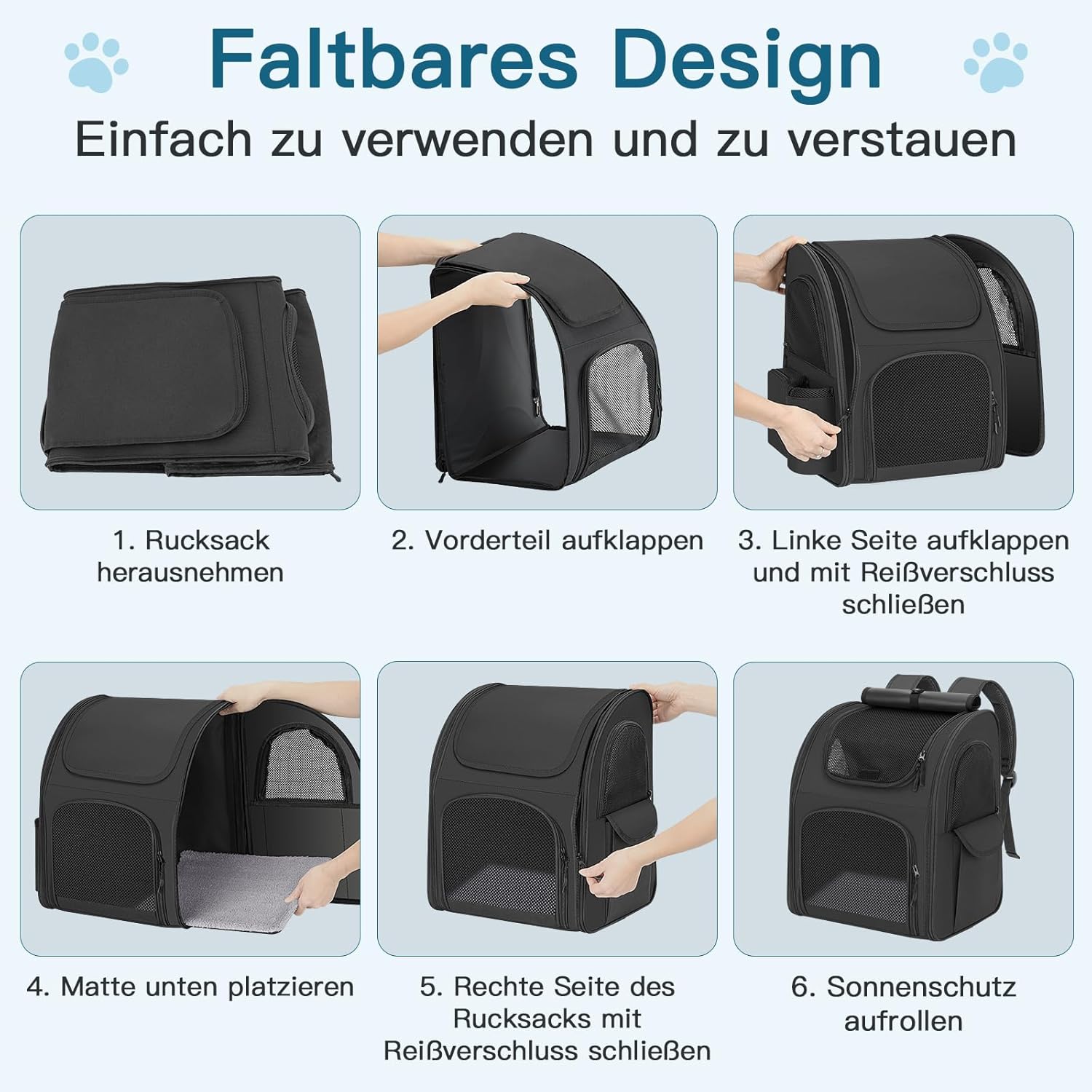 Dog Backpack up to 10 kg, Pet Backpack with Mesh Window, Foldable Cat Backpack Dog Backpack, Breathable and Lightweight Dog Cat Backpack with Inner Safety Lead and Pet Mat, Black=