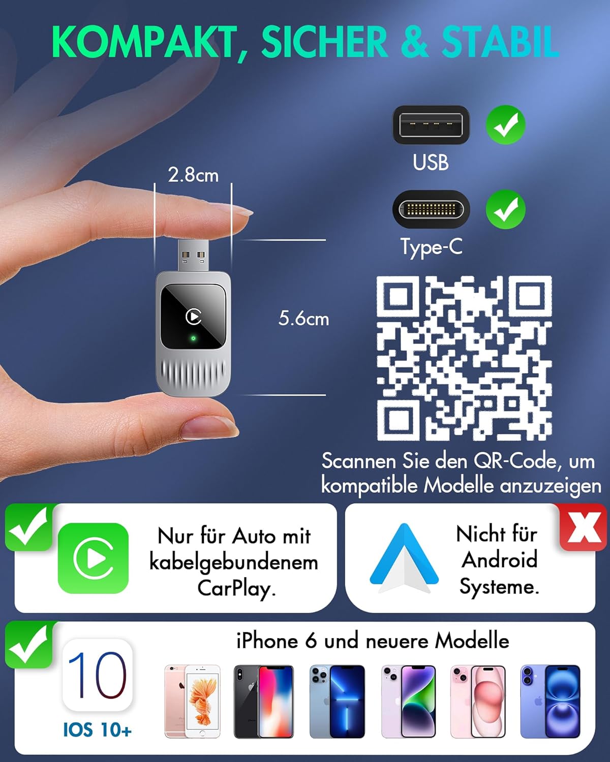 Wireless CarPlay Adapter - Wireless Upgrade of Wired CarPlay, Plug & Play, Compatible with iPhone iOS 10+ & Vehicles with Wired CarPlay, Silver