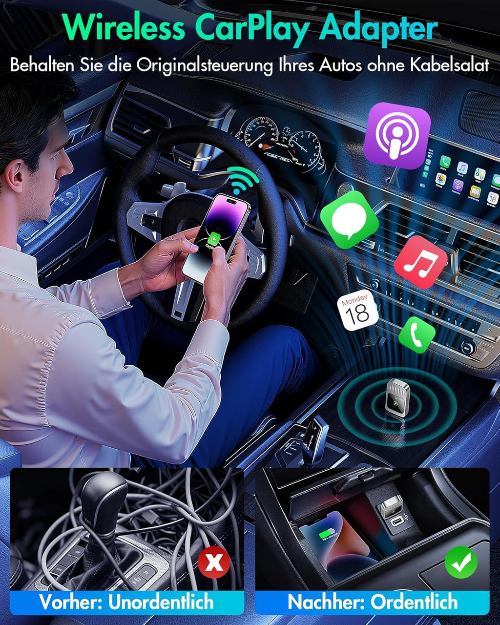 Wireless CarPlay Adapter - Wireless Upgrade of Wired CarPlay, Plug & Play, Compatible with iPhone iOS 10+ & Vehicles with Wired CarPlay, Silver