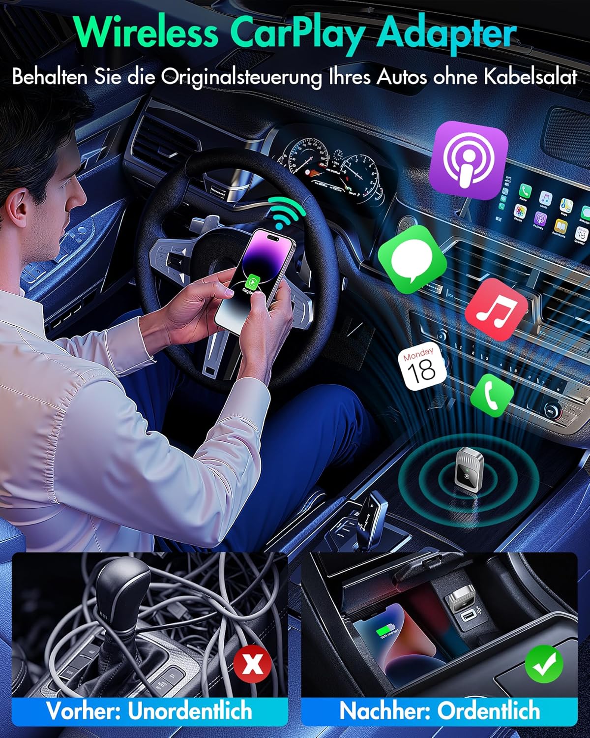 Wireless CarPlay Adapter - Wireless Upgrade of Wired CarPlay, Plug & Play, Compatible with iPhone iOS 10+ & Vehicles with Wired CarPlay, Silver