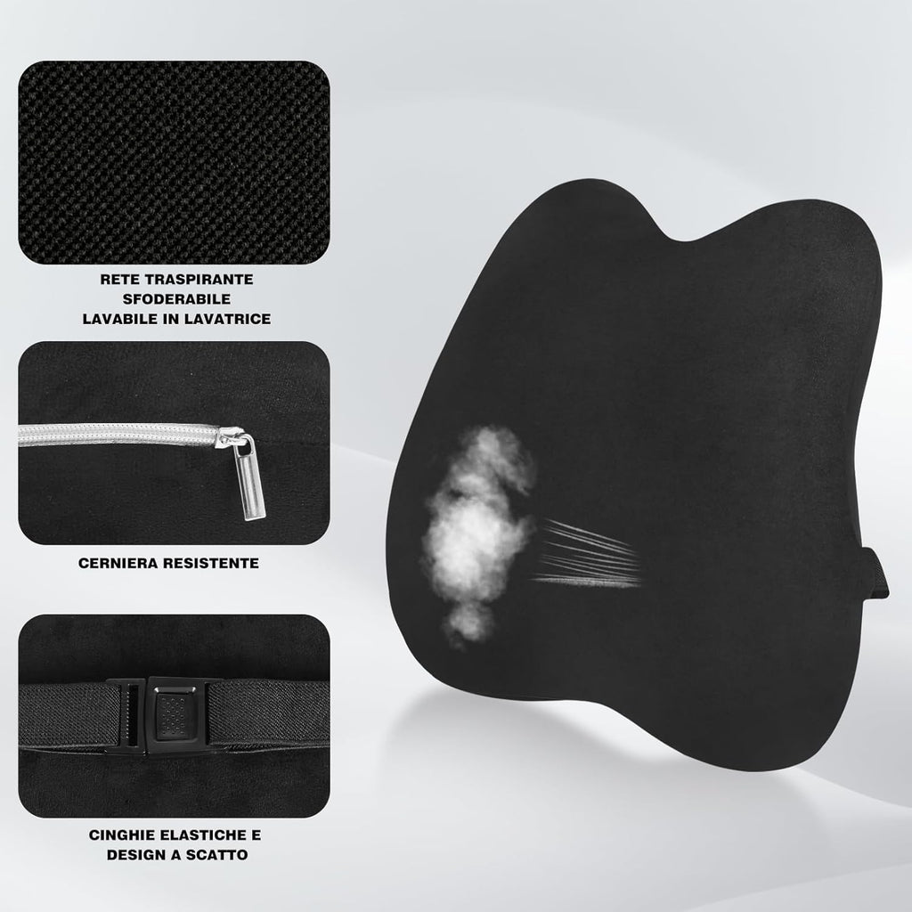 Quirlig Lumbar Car Cushion, Lumbar Cushion Office Chair in Memory Foam, Ergonomic Back Cushion, Lumbar Support for Car, Office, Black