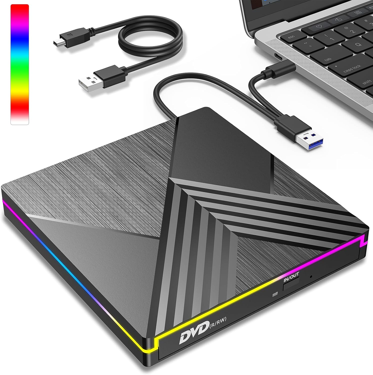 External DVD CD Writer, USB 3.0 Type C External CD DVD Player for Laptop, CD/DVD+/-RW Drive RGB External CD DVD Drive for PC Laptop Desktop MacBook Mac OS Win11/10/8/7/XP Linux Vista