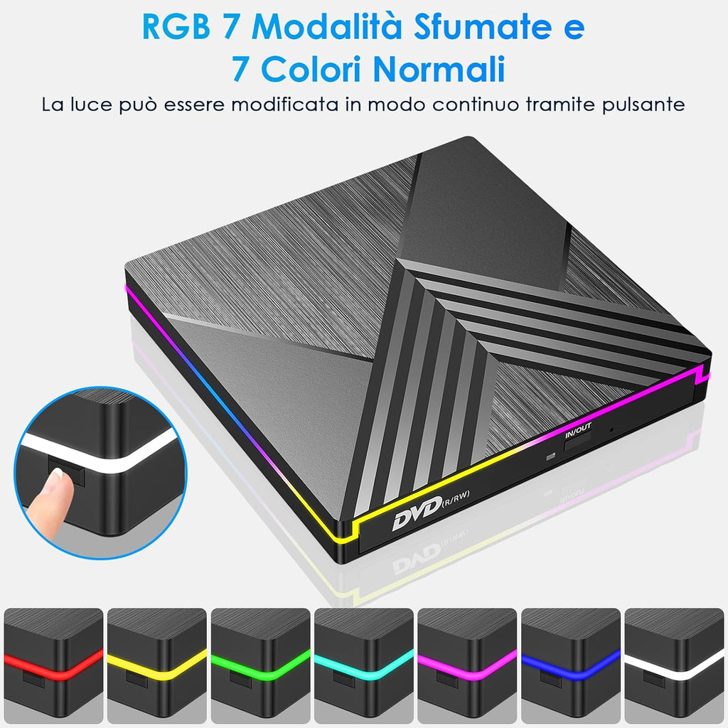 External DVD CD Writer, USB 3.0 Type C External CD DVD Player for Laptop, CD/DVD+/-RW Drive RGB External CD DVD Drive for PC Laptop Desktop MacBook Mac OS Win11/10/8/7/XP Linux Vista
