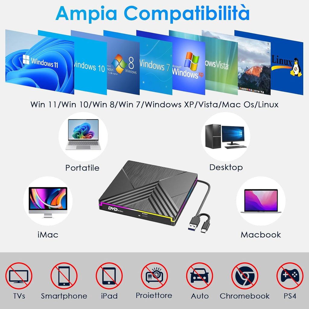 External DVD CD Writer, USB 3.0 Type C External CD DVD Player for Laptop, CD/DVD+/-RW Drive RGB External CD DVD Drive for PC Laptop Desktop MacBook Mac OS Win11/10/8/7/XP Linux Vista