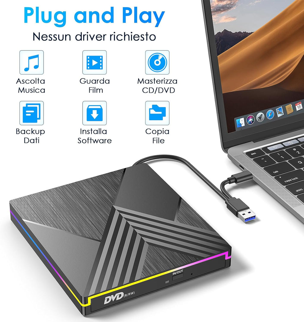 External DVD CD Writer, USB 3.0 Type C External CD DVD Player for Laptop, CD/DVD+/-RW Drive RGB External CD DVD Drive for PC Laptop Desktop MacBook Mac OS Win11/10/8/7/XP Linux Vista