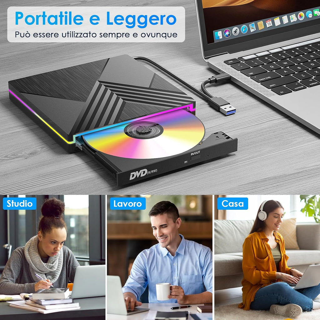 External DVD CD Writer, USB 3.0 Type C External CD DVD Player for Laptop, CD/DVD+/-RW Drive RGB External CD DVD Drive for PC Laptop Desktop MacBook Mac OS Win11/10/8/7/XP Linux Vista