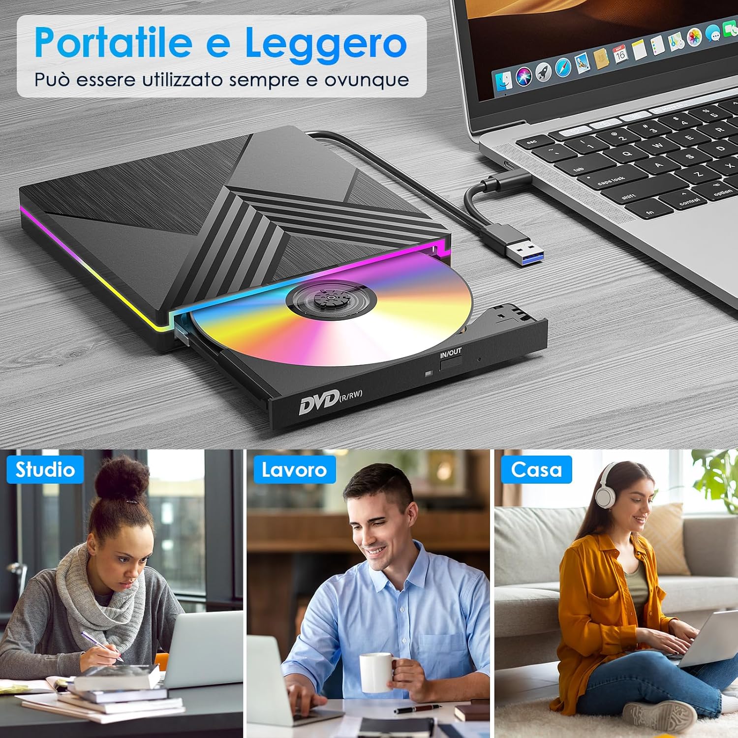 External DVD CD Writer, USB 3.0 Type C External CD DVD Player for Laptop, CD/DVD+/-RW Drive RGB External CD DVD Drive for PC Laptop Desktop MacBook Mac OS Win11/10/8/7/XP Linux Vista