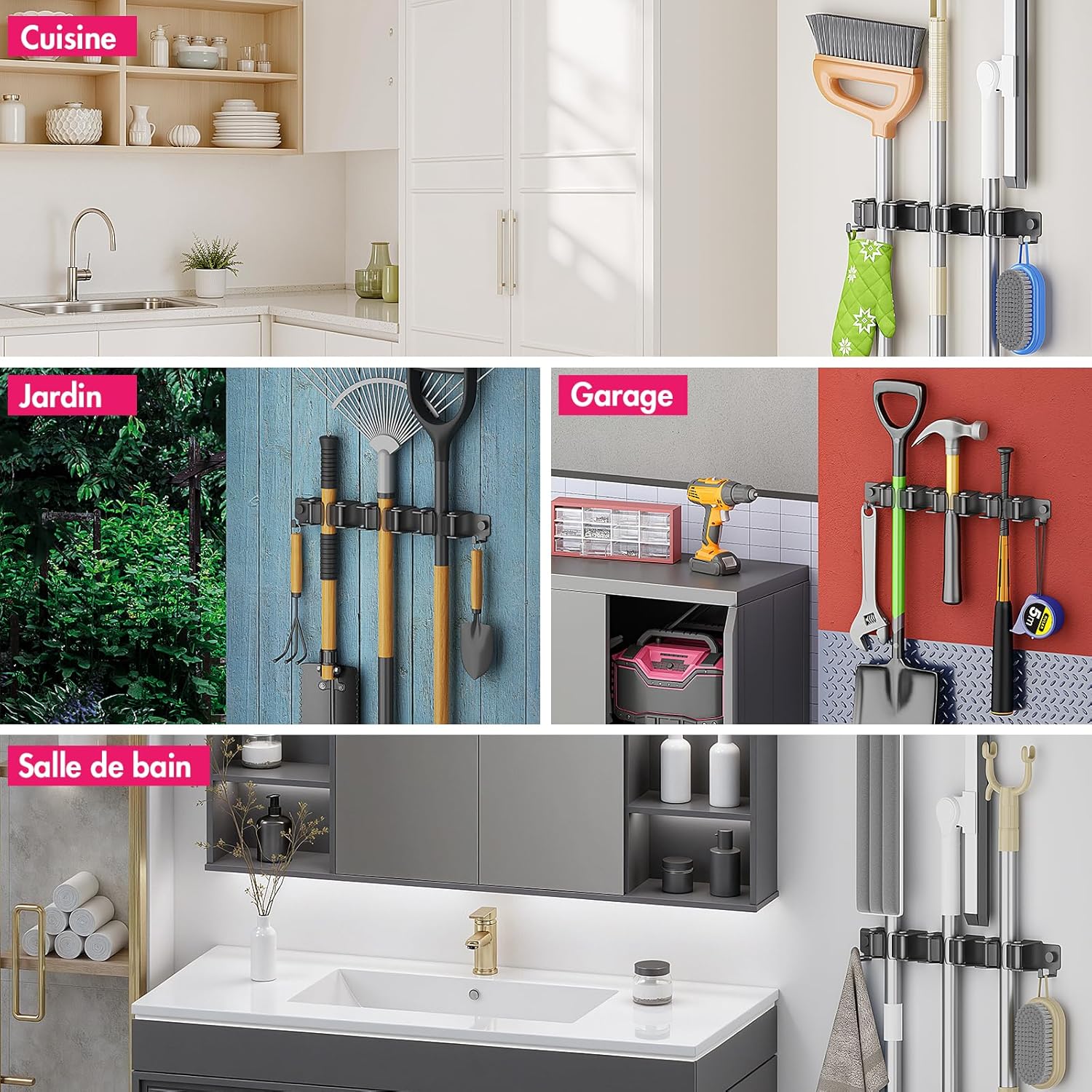 Quirlig Wall Mounted Broom Holder with 3 Brackets and 2 Hooks, Wall Mounted Broom Holder without Drilling, Broom Storage, Wall Garden Tool Holder, Black