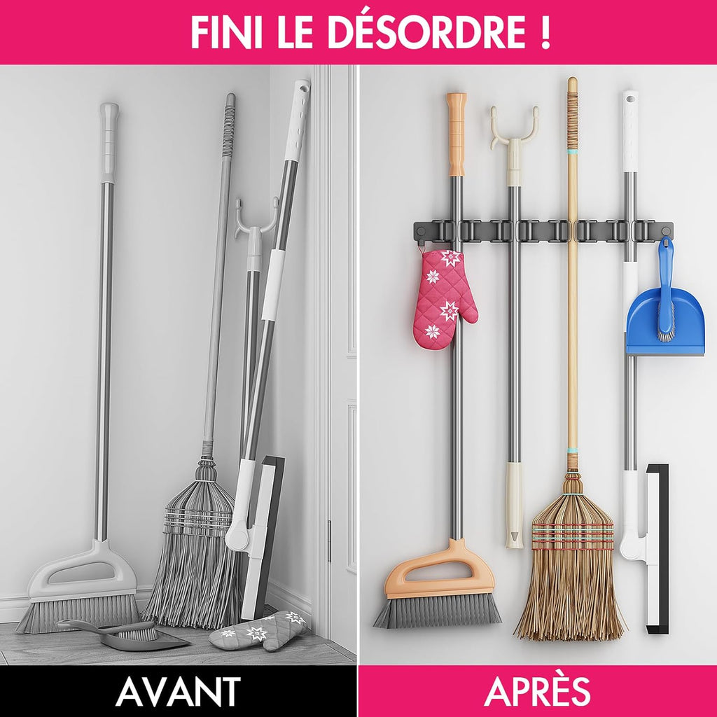 Quirlig Wall Mounted Broom Holder with 3 Brackets and 2 Hooks, Wall Mounted Broom Holder without Drilling, Broom Storage, Wall Garden Tool Holder, Black