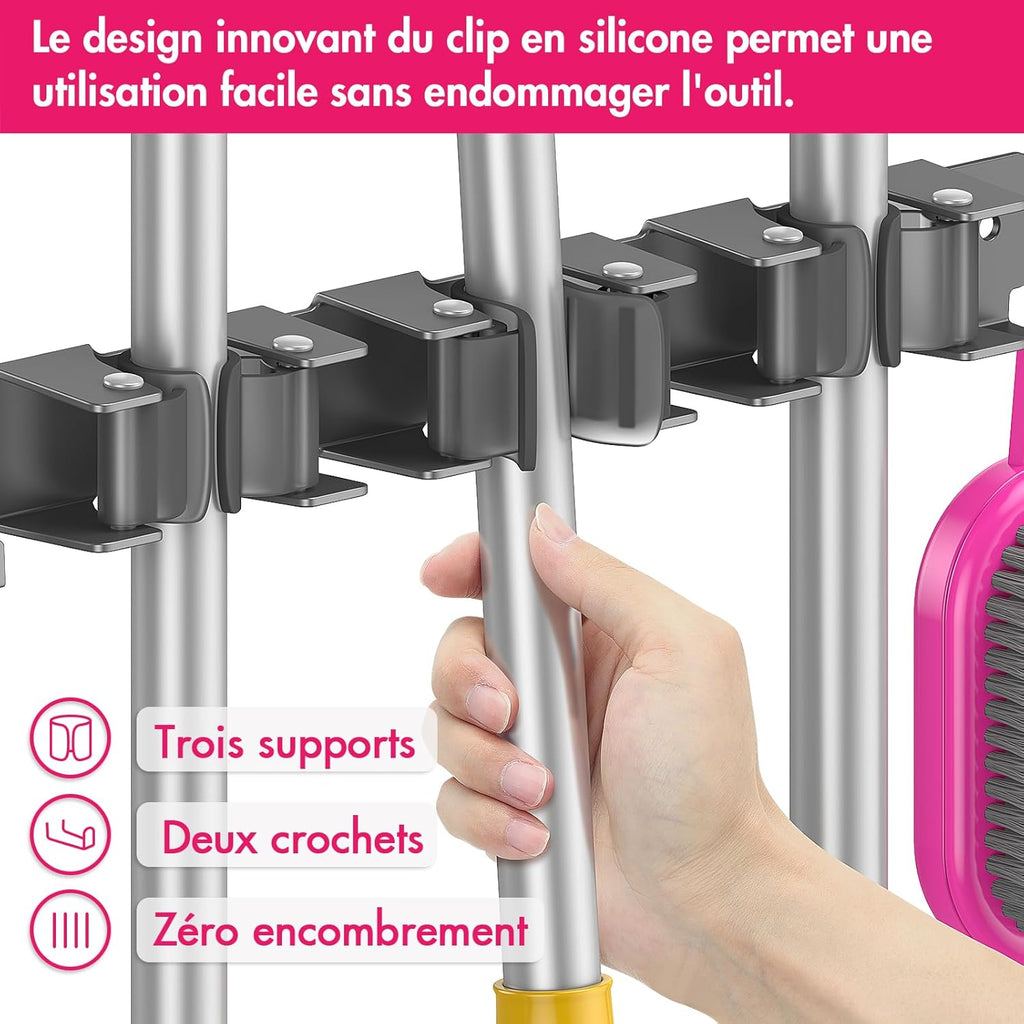 Quirlig Wall Mounted Broom Holder with 3 Brackets and 2 Hooks, Wall Mounted Broom Holder without Drilling, Broom Storage, Wall Garden Tool Holder, Black