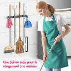 Quirlig Wall Mounted Broom Holder with 3 Brackets and 2 Hooks, Wall Mounted Broom Holder without Drilling, Broom Storage, Wall Garden Tool Holder, Black