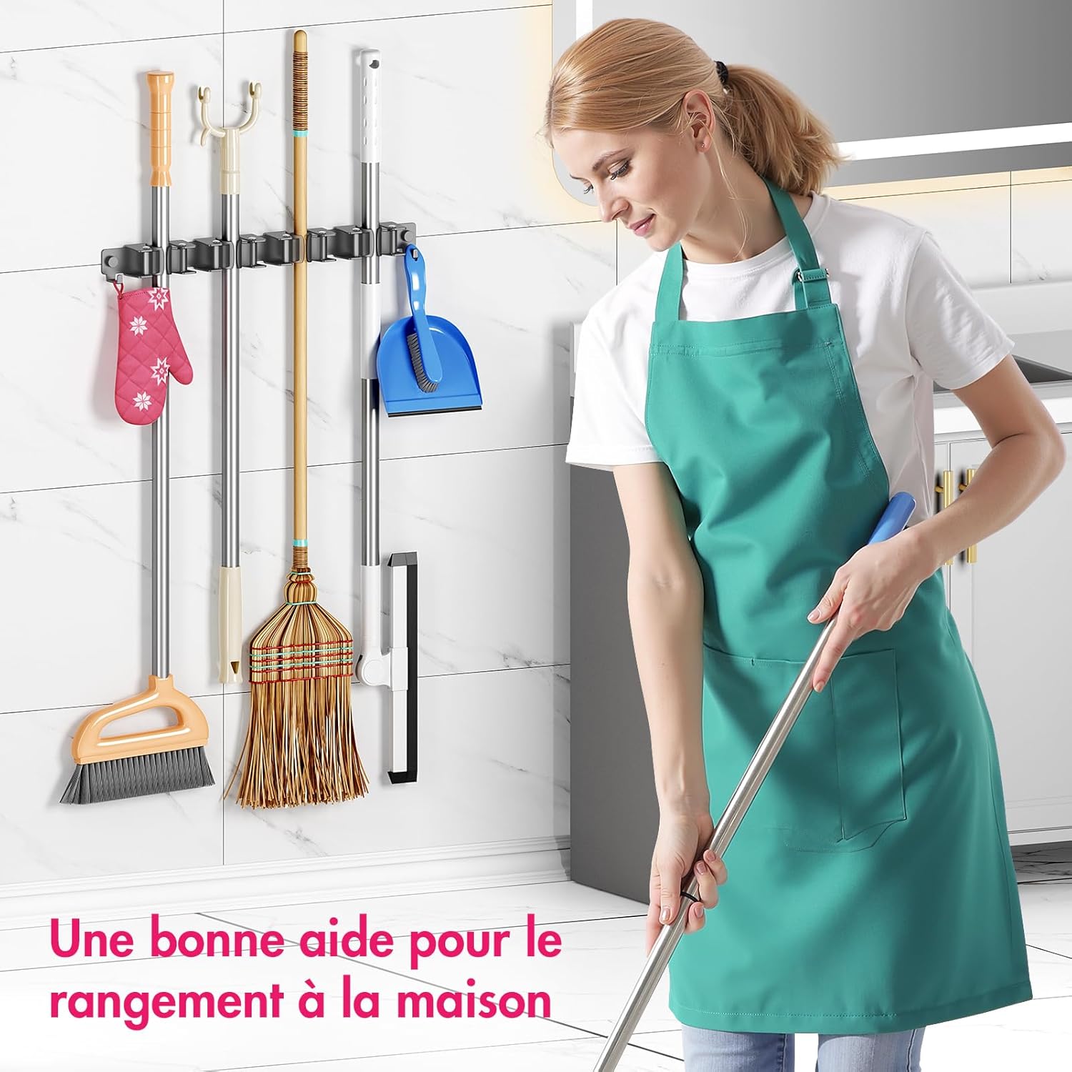 Quirlig Wall Mounted Broom Holder with 3 Brackets and 2 Hooks, Wall Mounted Broom Holder without Drilling, Broom Storage, Wall Garden Tool Holder, Black