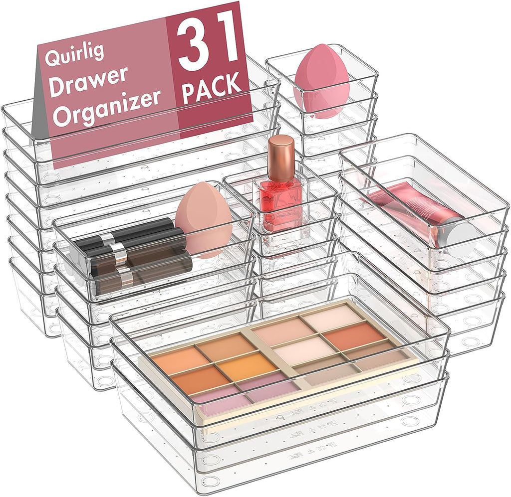 Quirlig Caddy 31-Piece Drawer Organiser Set, Transparent, Simple and Functional, Dressing Table Organiser, Drawer Organiser System for Desk, Office, Kitchen, Makeup