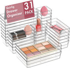 Quirlig Caddy 31-Piece Drawer Organiser Set, Transparent, Simple and Functional, Dressing Table Organiser, Drawer Organiser System for Desk, Office, Kitchen, Makeup