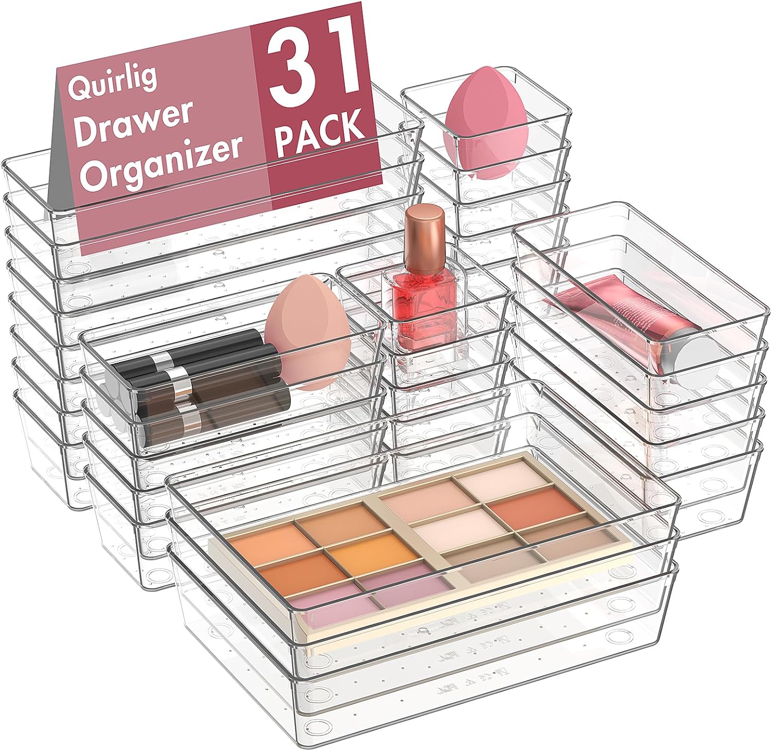 Quirlig Caddy 31-Piece Drawer Organiser Set, Transparent, Simple and Functional, Dressing Table Organiser, Drawer Organiser System for Desk, Office, Kitchen, Makeup