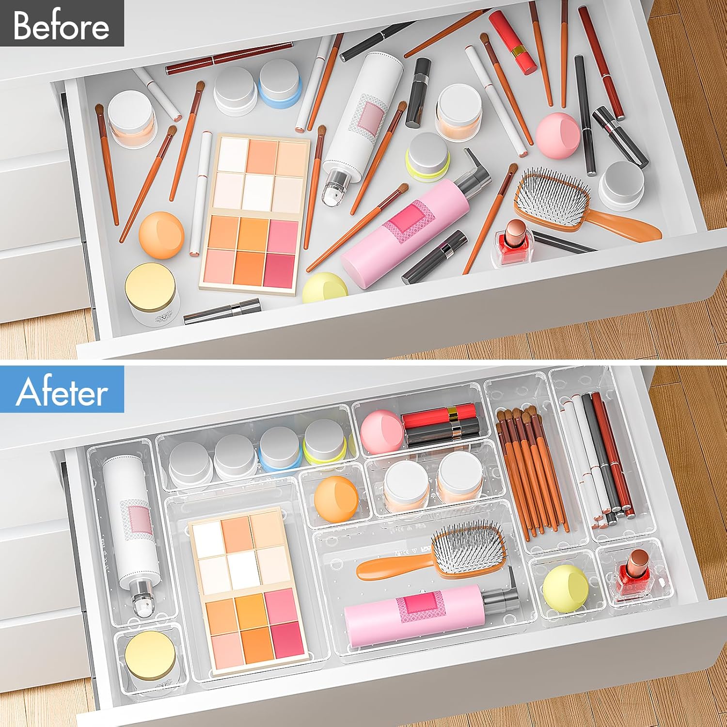 Quirlig Caddy 31-Piece Drawer Organiser Set, Transparent, Simple and Functional, Dressing Table Organiser, Drawer Organiser System for Desk, Office, Kitchen, Makeup