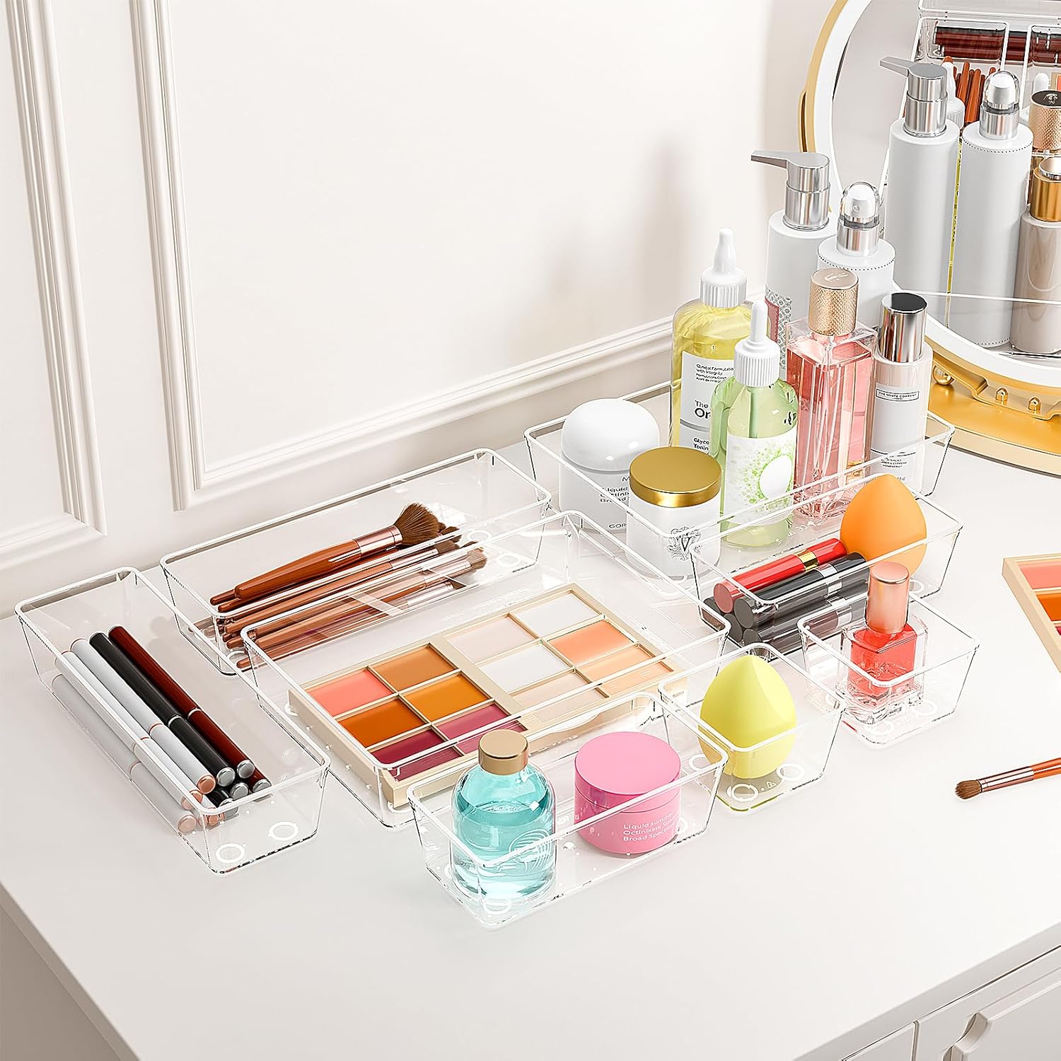 Quirlig Caddy 31-Piece Drawer Organiser Set, Transparent, Simple and Functional, Dressing Table Organiser, Drawer Organiser System for Desk, Office, Kitchen, Makeup