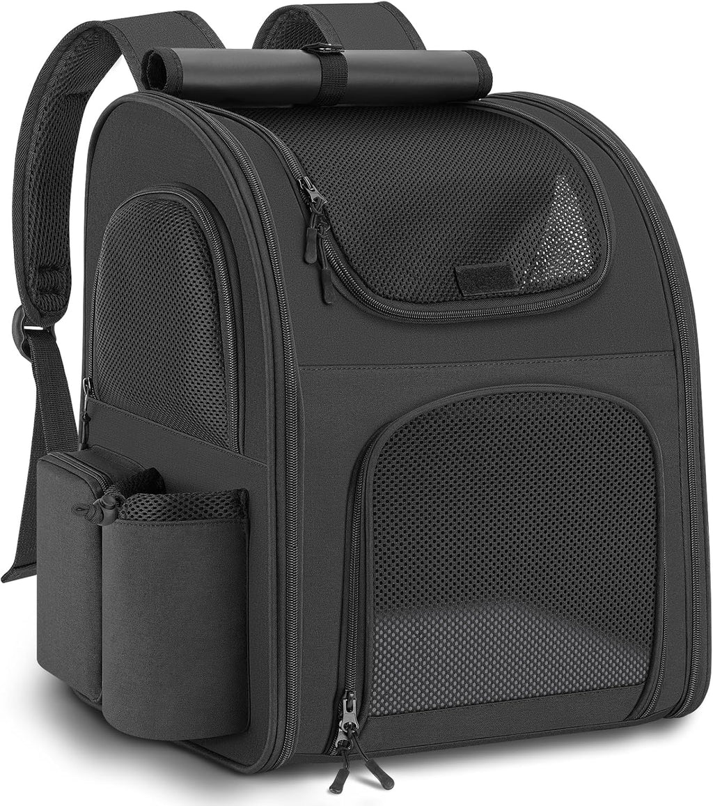 Dog Backpack up to 10 kg, Pet Backpack with Mesh Window, Foldable Cat Backpack Dog Backpack, Breathable and Lightweight Dog Cat Backpack with Inner Safety Lead and Pet Mat, Black=