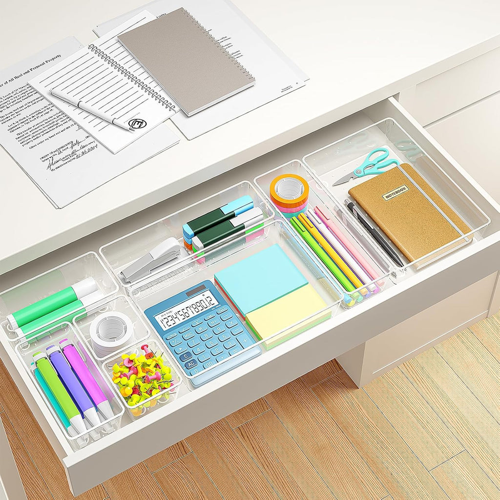 Quirlig Caddy 31-Piece Drawer Organiser Set, Transparent, Simple and Functional, Dressing Table Organiser, Drawer Organiser System for Desk, Office, Kitchen, Makeup