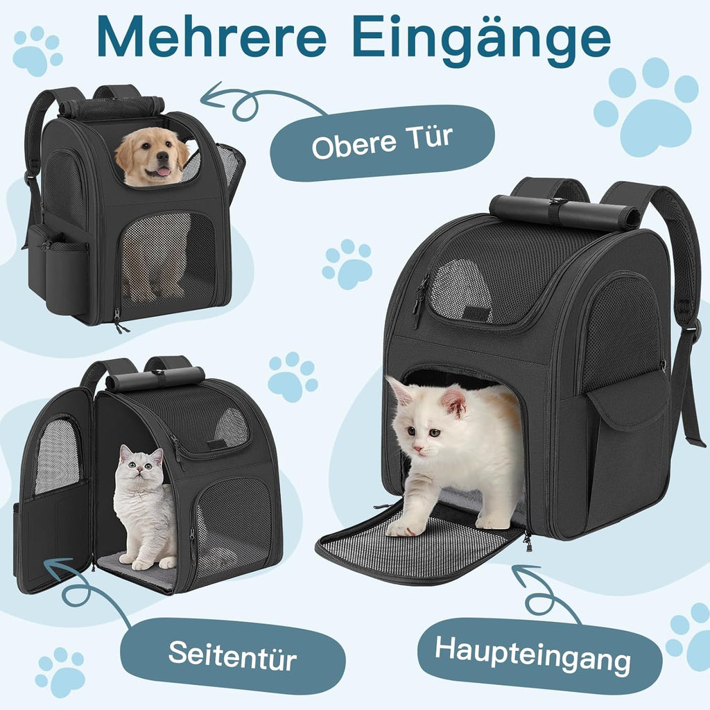 Dog Backpack up to 10 kg, Pet Backpack with Mesh Window, Foldable Cat Backpack Dog Backpack, Breathable and Lightweight Dog Cat Backpack with Inner Safety Lead and Pet Mat, Black=