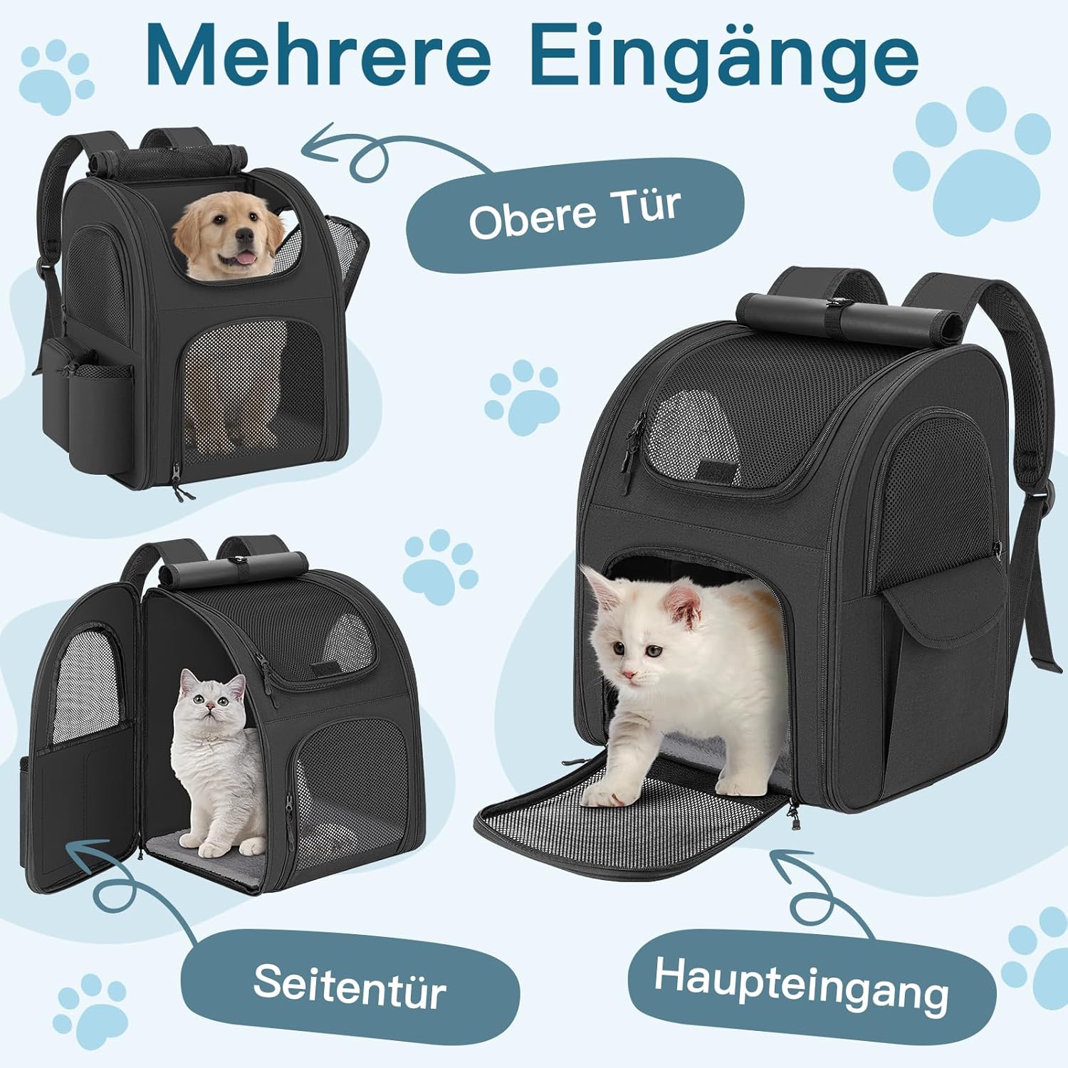 Dog Backpack up to 10 kg, Pet Backpack with Mesh Window, Foldable Cat Backpack Dog Backpack, Breathable and Lightweight Dog Cat Backpack with Inner Safety Lead and Pet Mat, Black=
