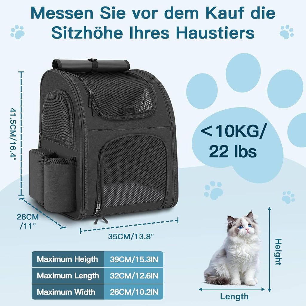 Dog Backpack up to 10 kg, Pet Backpack with Mesh Window, Foldable Cat Backpack Dog Backpack, Breathable and Lightweight Dog Cat Backpack with Inner Safety Lead and Pet Mat, Black=