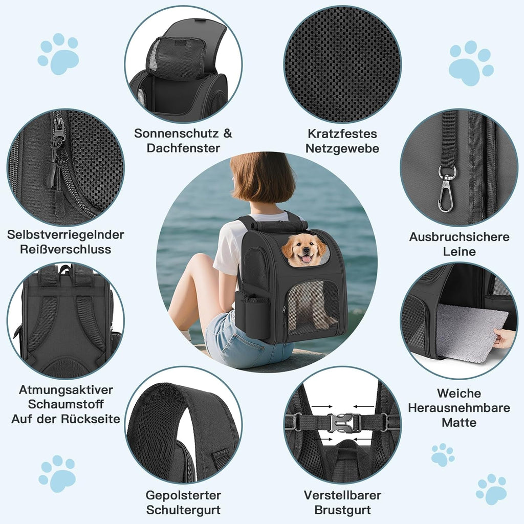 Dog Backpack up to 10 kg, Pet Backpack with Mesh Window, Foldable Cat Backpack Dog Backpack, Breathable and Lightweight Dog Cat Backpack with Inner Safety Lead and Pet Mat, Black=