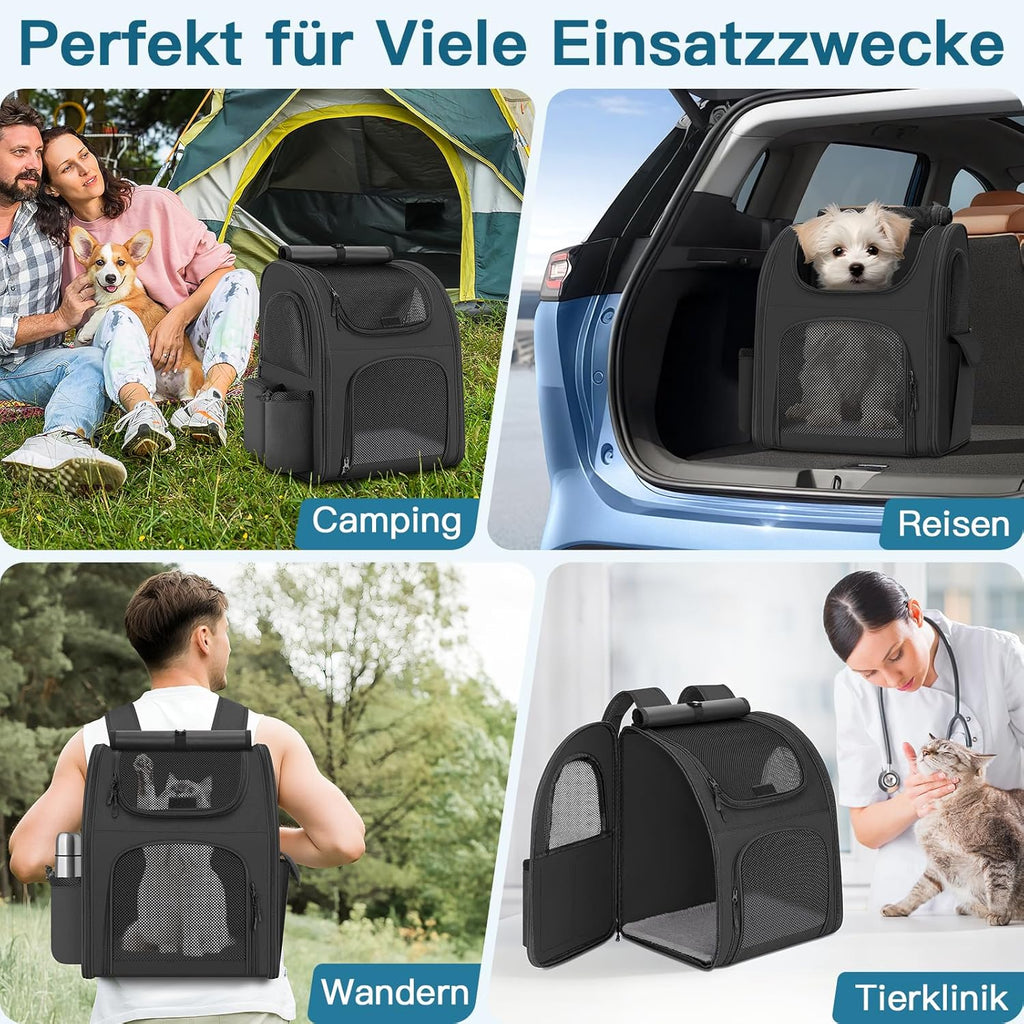 Dog Backpack up to 10 kg, Pet Backpack with Mesh Window, Foldable Cat Backpack Dog Backpack, Breathable and Lightweight Dog Cat Backpack with Inner Safety Lead and Pet Mat, Black=
