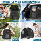 Dog Backpack up to 10 kg, Pet Backpack with Mesh Window, Foldable Cat Backpack Dog Backpack, Breathable and Lightweight Dog Cat Backpack with Inner Safety Lead and Pet Mat, Black=